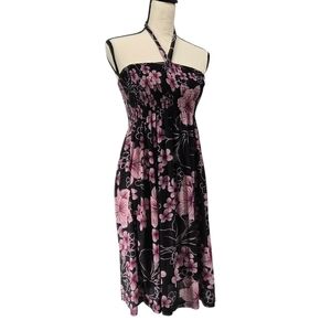 Y2K Vacation Black Pink Floral Halter Maxi Dress Smocked Strapless Boho Beach